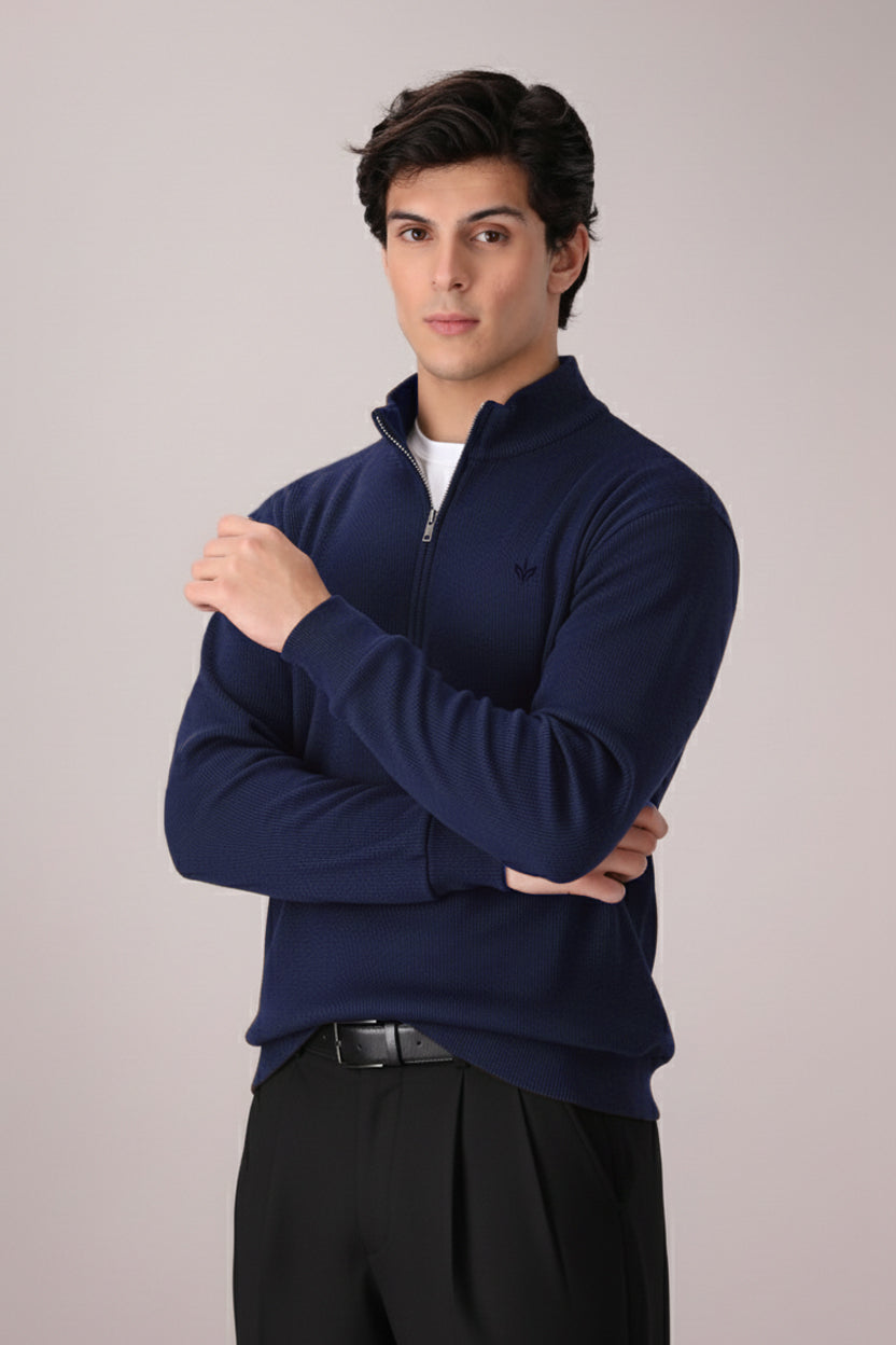 TWILIGHT BLUE RIB KNITTED QUARTER ZIPPER