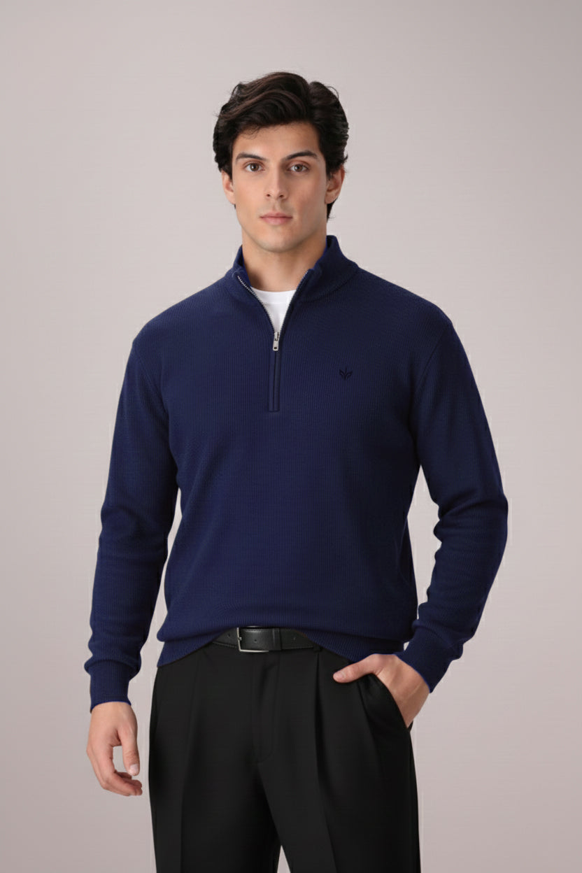 TWILIGHT BLUE RIB KNITTED QUARTER ZIPPER