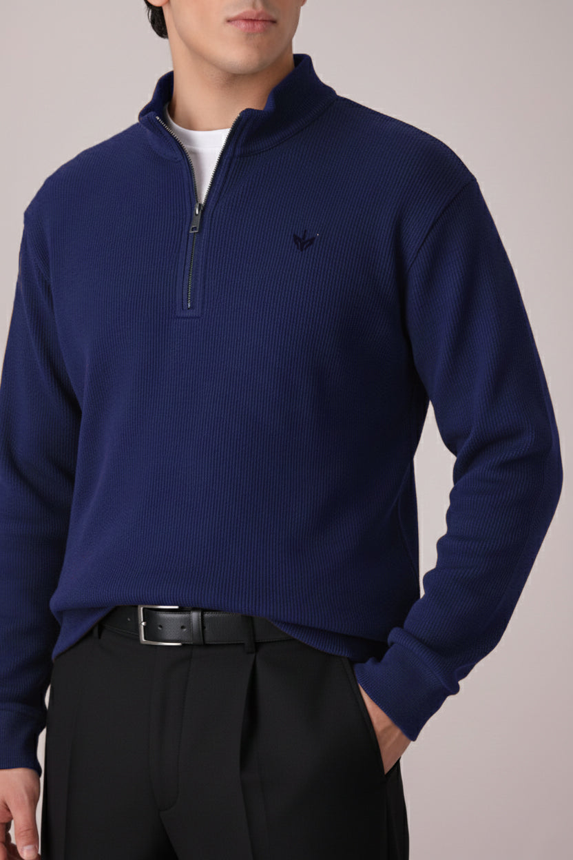TWILIGHT BLUE RIB KNITTED QUARTER ZIPPER