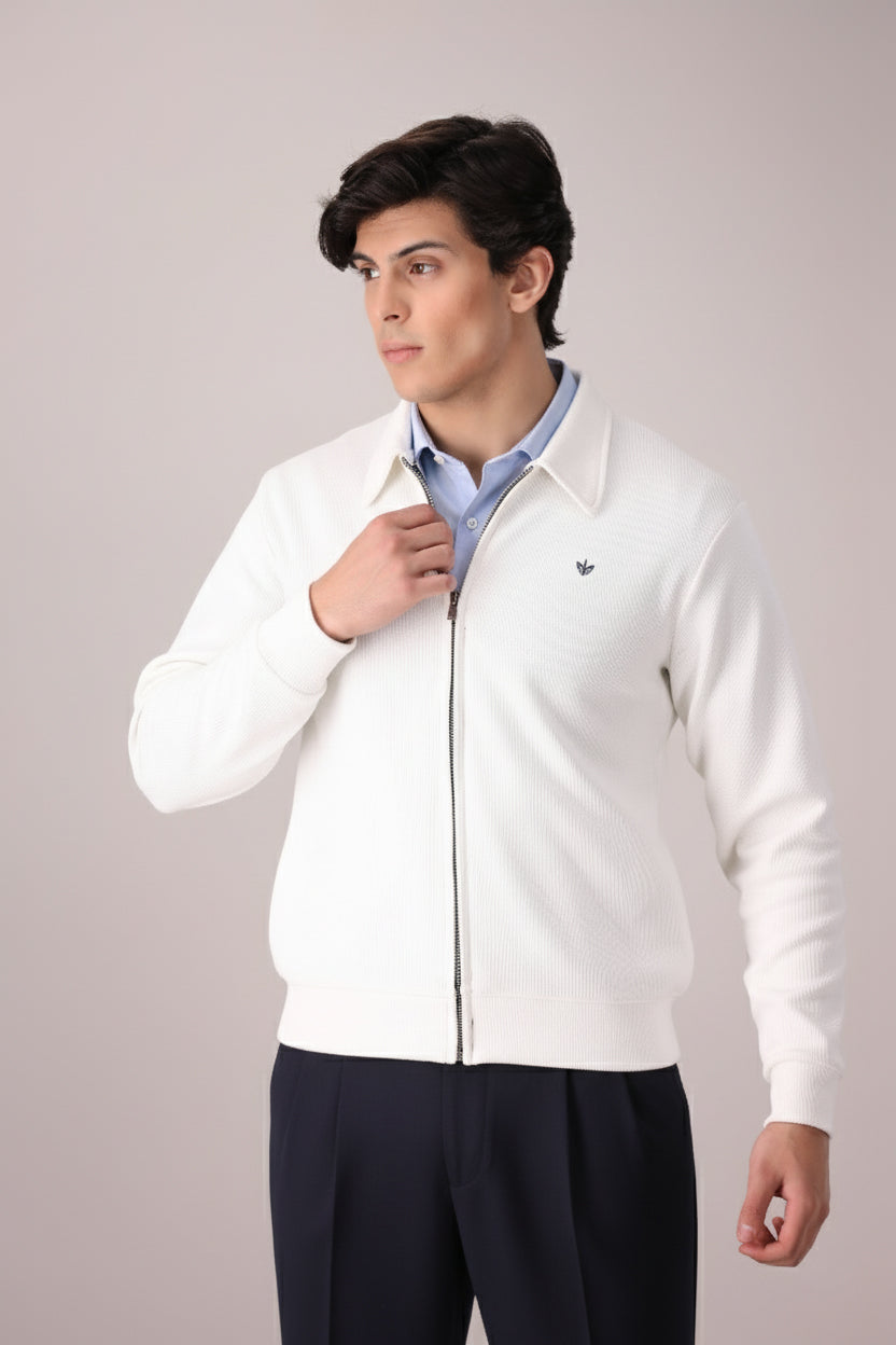 OFF WHITE RIB KNITTED FULL ZIPPER