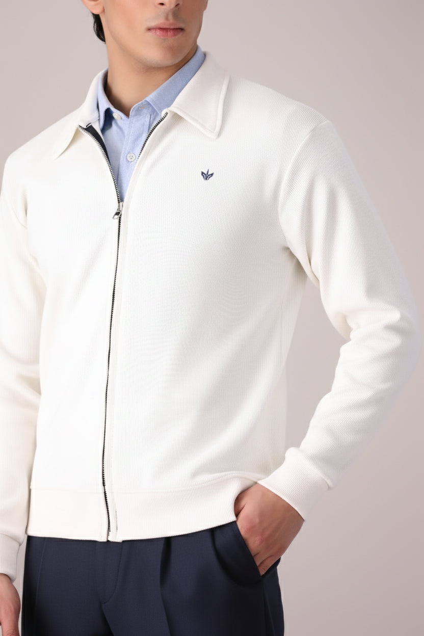 OFF WHITE RIB KNITTED FULL ZIPPER