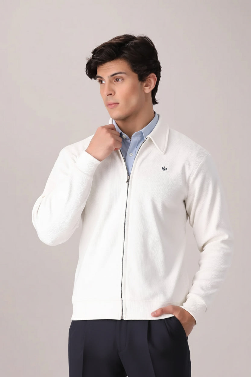 OFF WHITE RIB KNITTED FULL ZIPPER