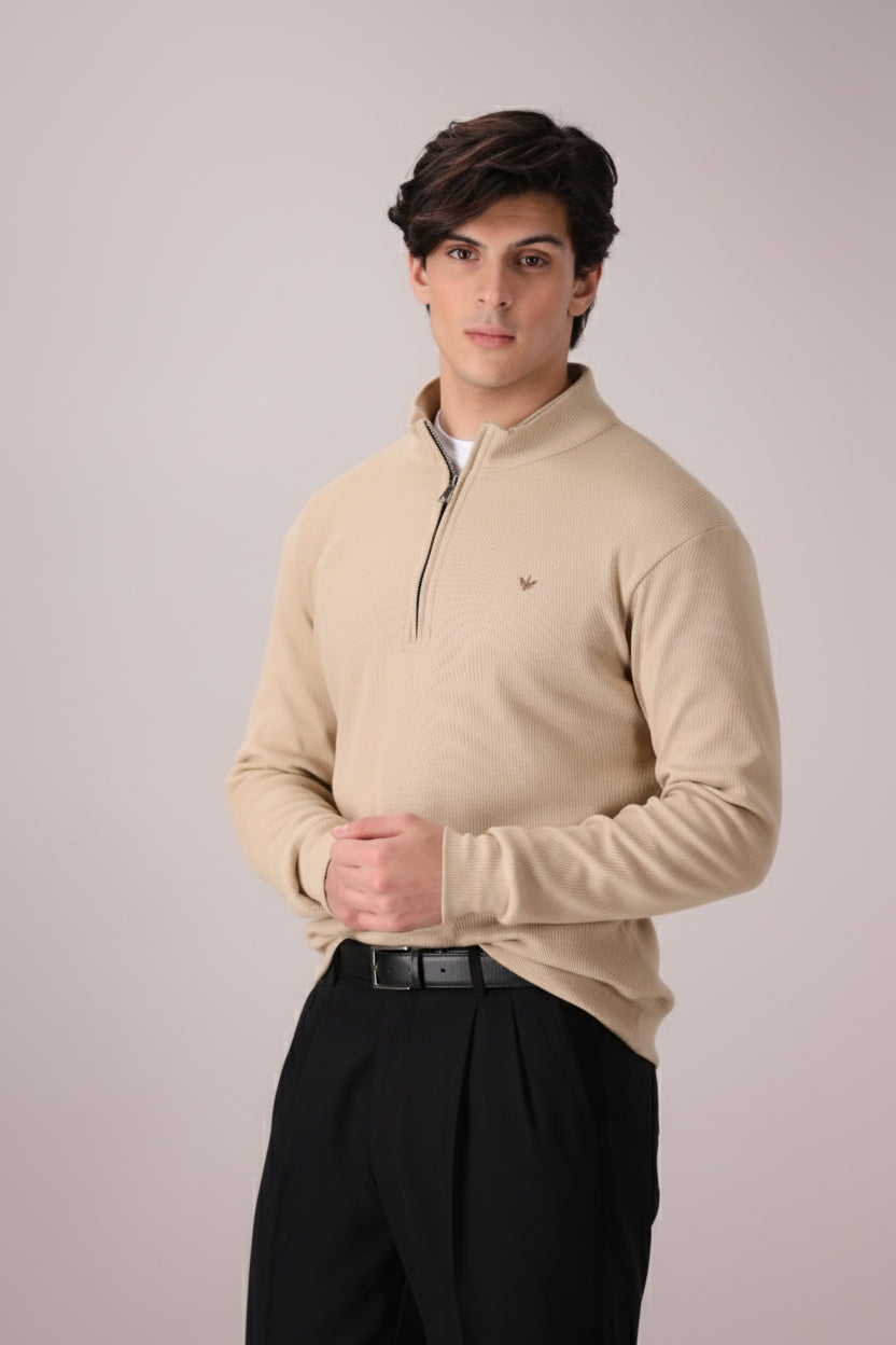BEIGE RIB KNITTED QUARTER ZIPPER