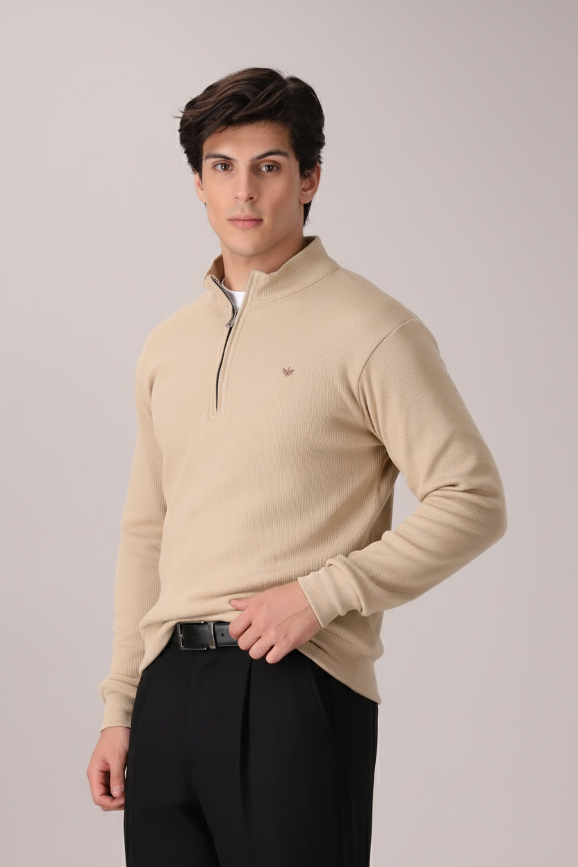 BEIGE RIB KNITTED QUARTER ZIPPER