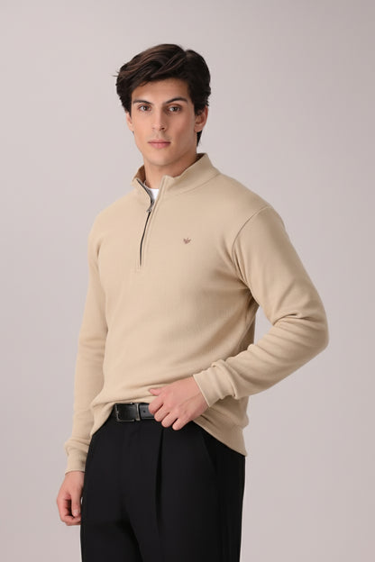 BEIGE RIB KNITTED QUARTER ZIPPER