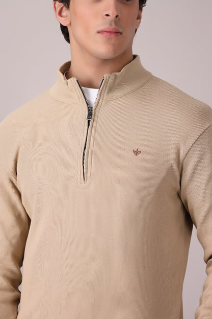 BEIGE RIB KNITTED QUARTER ZIPPER