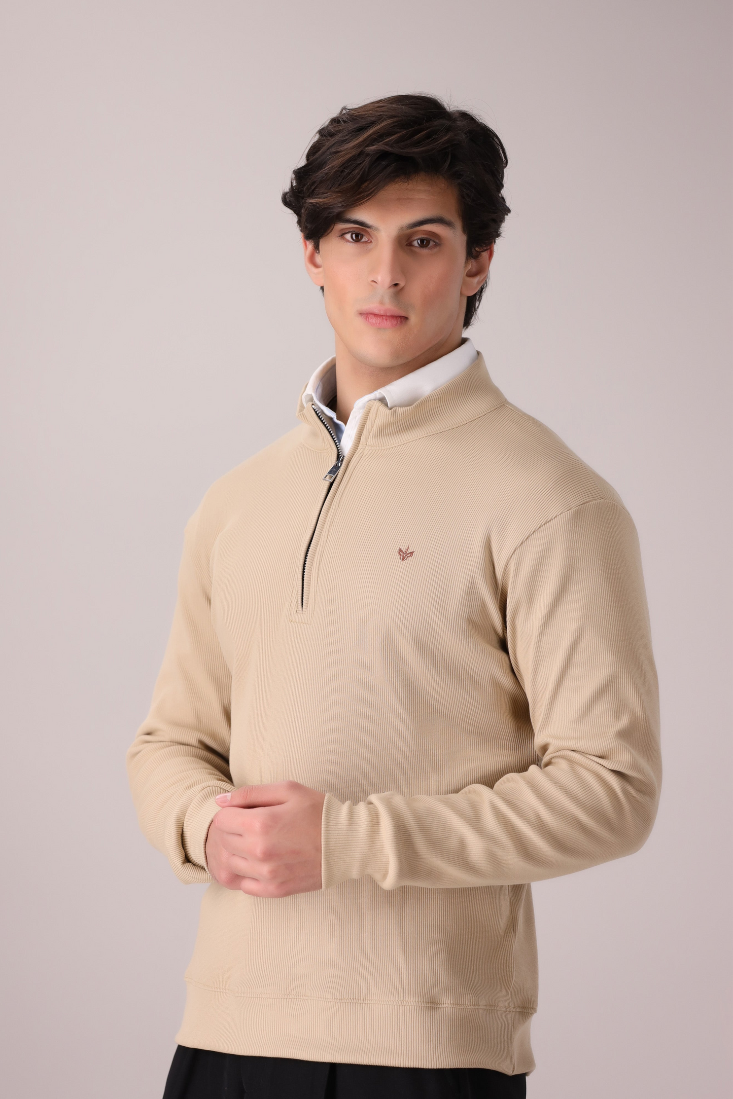 BEIGE RIB KNITTED QUARTER ZIPPER