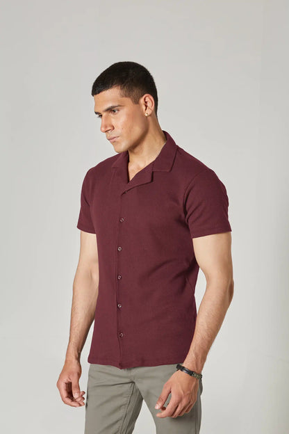 MAROON WAFFLE KNIT CUBAN SHIRT