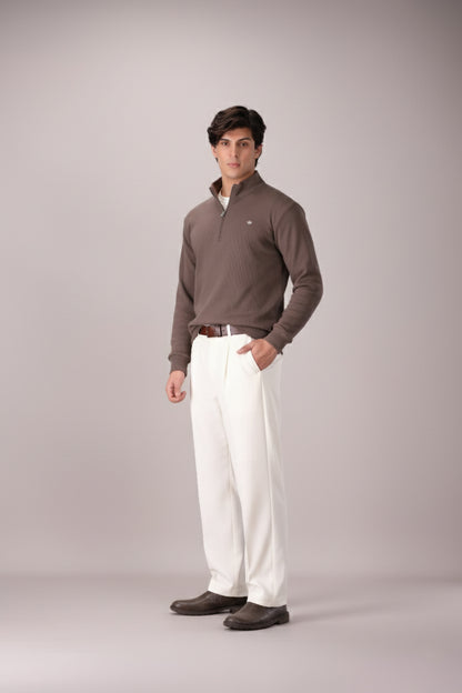 CARAMEL BROWN RIB KNITTED QUARTER ZIPPER