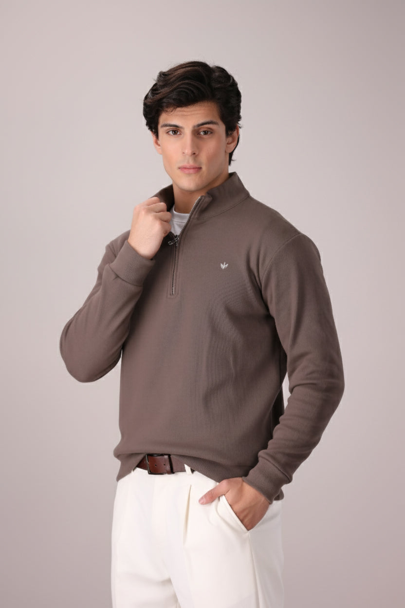 CARAMEL BROWN RIB KNITTED QUARTER ZIPPER – MARCMAN