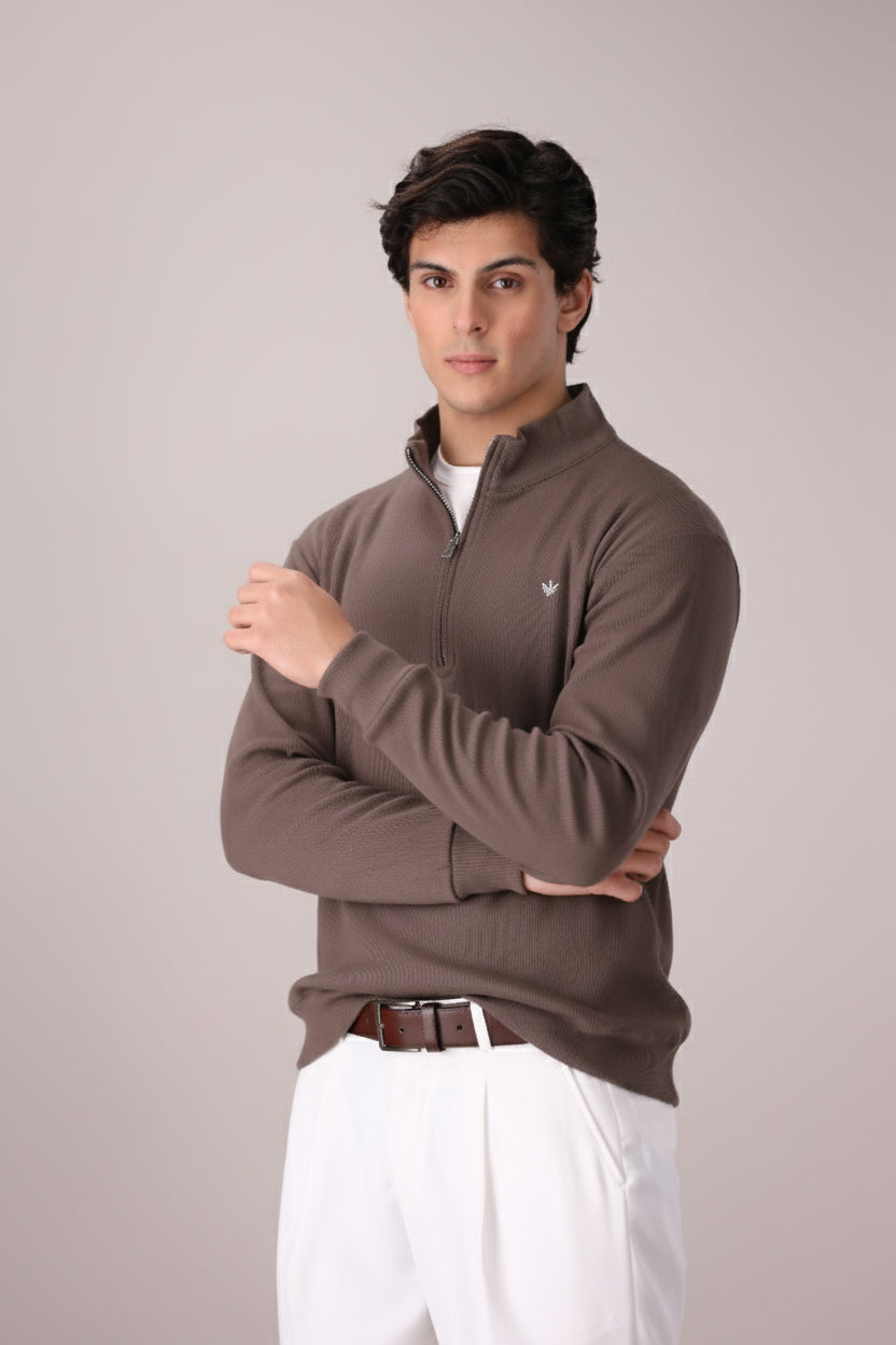 CARAMEL BROWN RIB KNITTED QUARTER ZIPPER