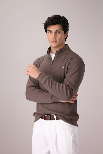 CARAMEL BROWN RIB KNITTED QUARTER ZIPPER