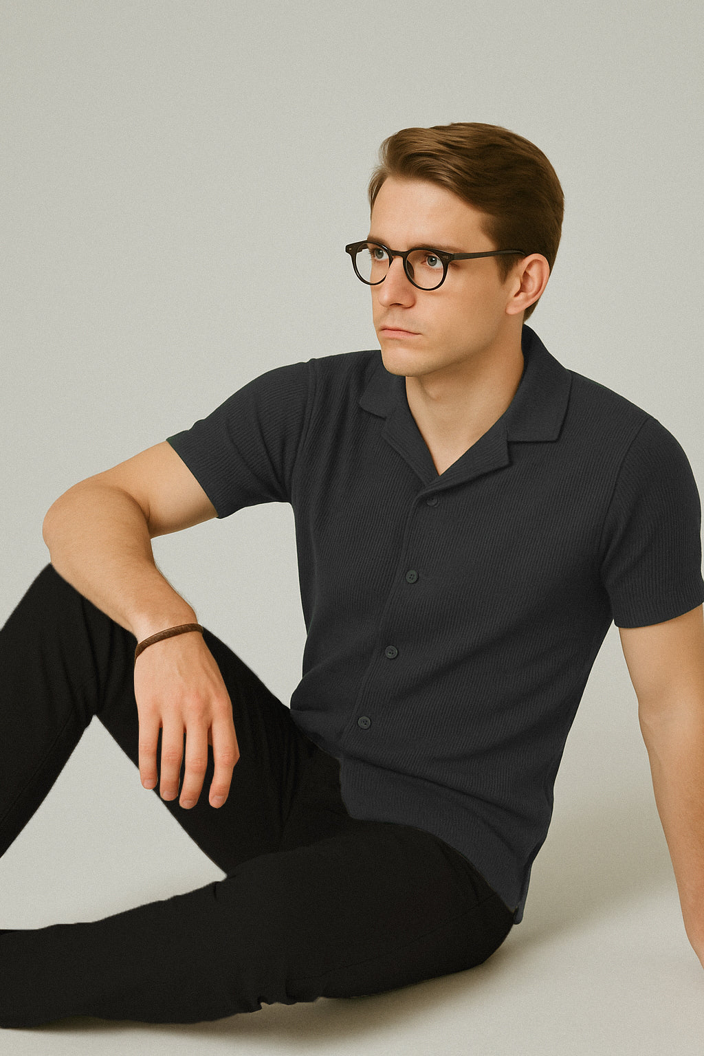 DARK GREY WAFFLE KNIT CUBAN SHIRT