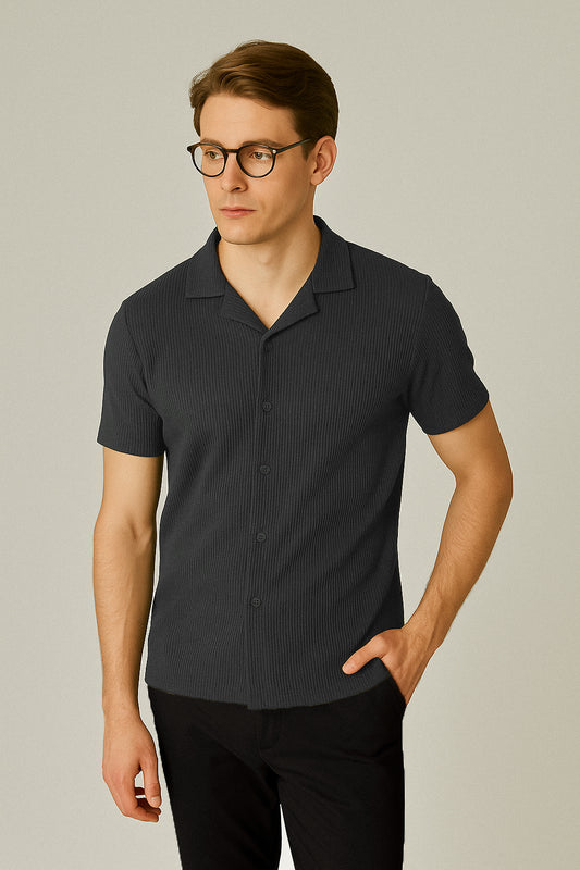 DARK GREY WAFFLE KNIT CUBAN SHIRT
