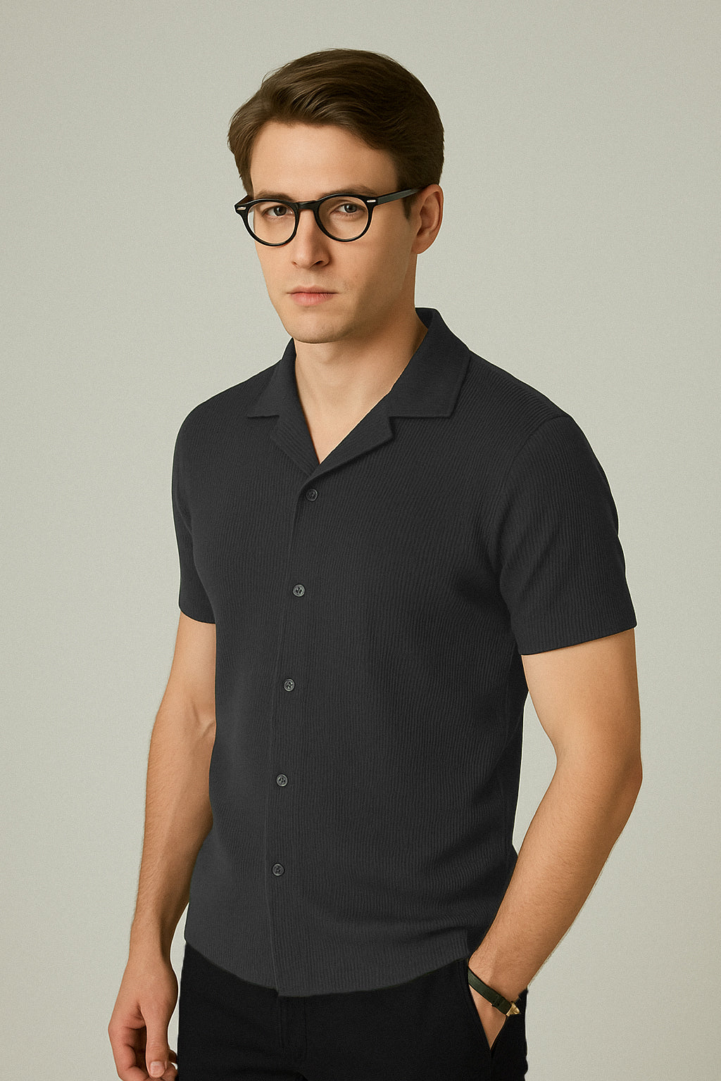 DARK GREY WAFFLE KNIT CUBAN SHIRT