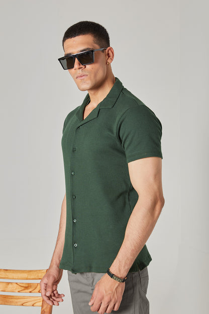 FOREST GREEN WAFFLE KNIT CUBAN SHIRT