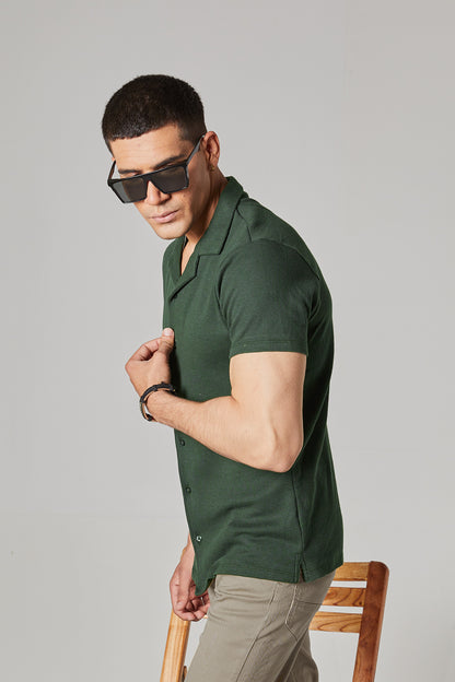 FOREST GREEN WAFFLE KNIT CUBAN SHIRT