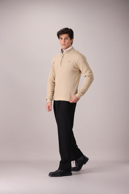 BEIGE RIB KNITTED QUARTER ZIPPER