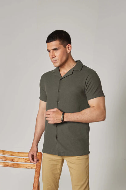 OLIVE WAFFLE KNIT CUBAN SHIRT