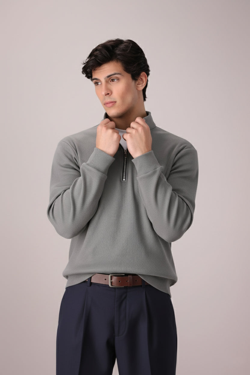 LT-OLIVE RIB KNITTED QUARTER ZIPPER