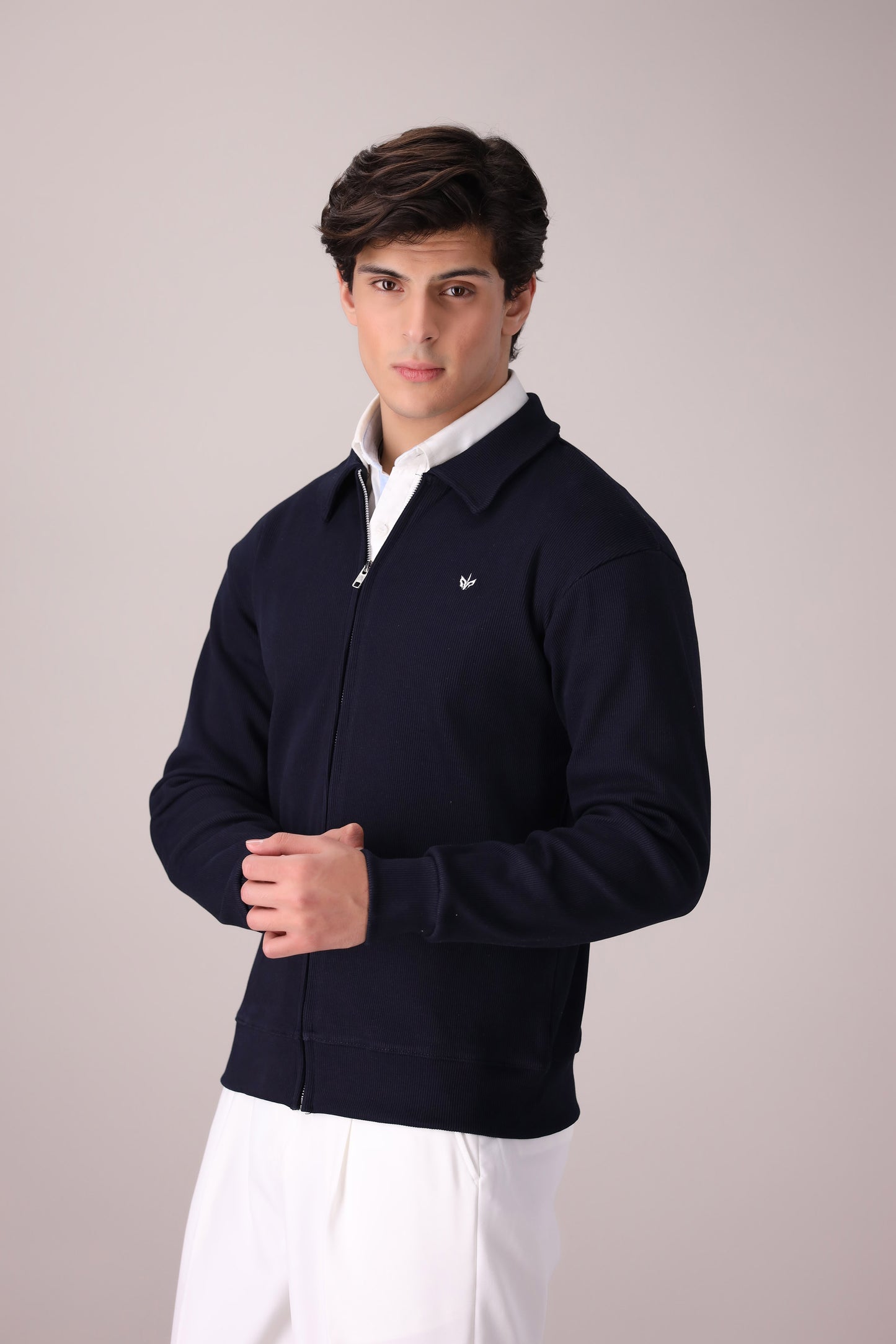 DARK NAVY RIB KNITTED FULL ZIPPER