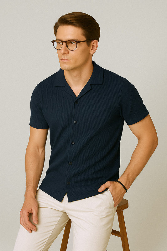 NAVY WAFFLE KNIT CUBAN SHIRT