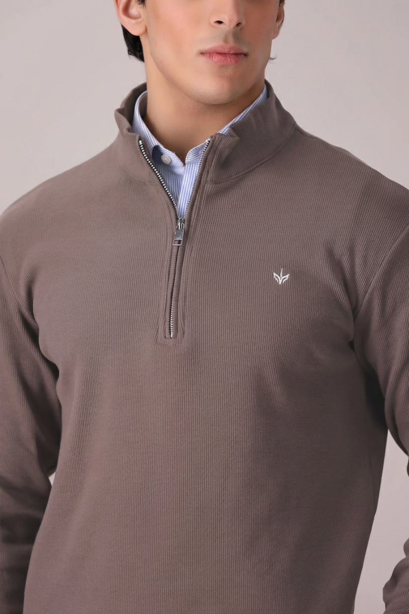 SAND BROWN RIB KNITTED QUARTER ZIPPER