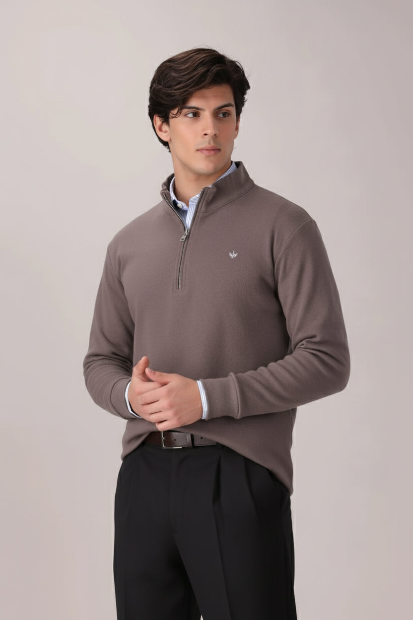 SAND BROWN RIB KNITTED QUARTER ZIPPER