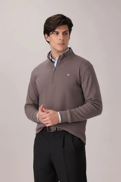 SAND BROWN RIB KNITTED QUARTER ZIPPER