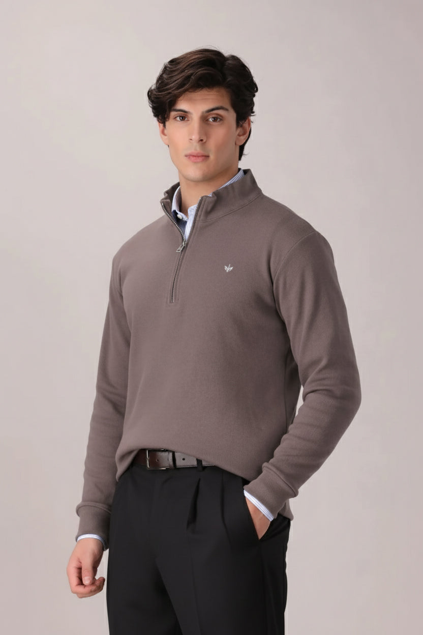 SAND BROWN RIB KNITTED QUARTER ZIPPER