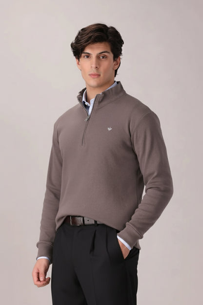 SAND BROWN RIB KNITTED QUARTER ZIPPER