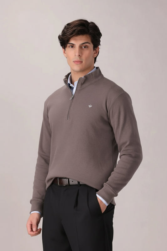 SAND BROWN RIB KNITTED QUARTER ZIPPER