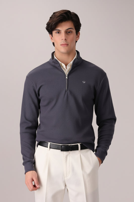 SLATE GREY RIB KNITTED QUARTER ZIPPER