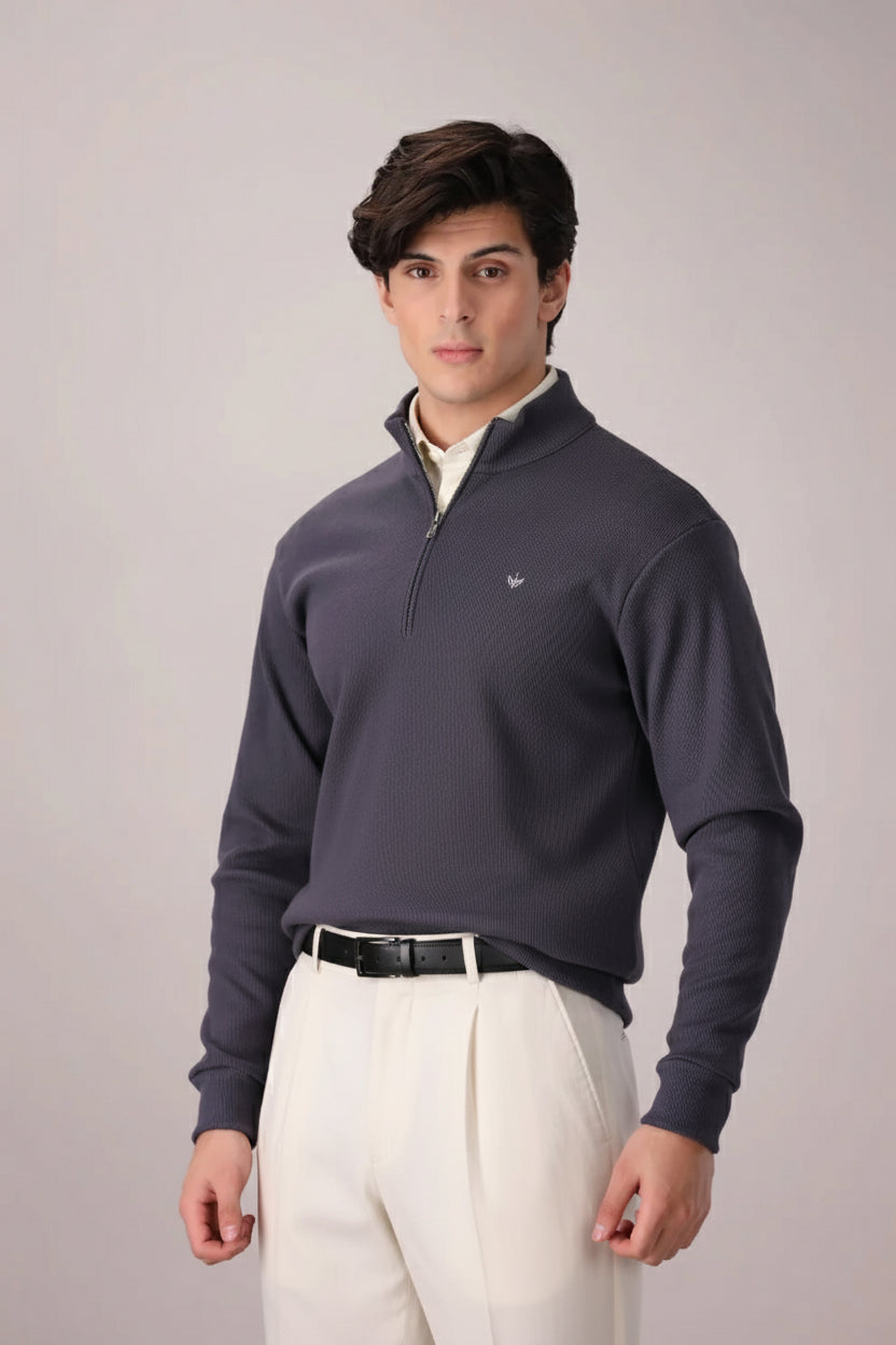 SLATE GREY RIB KNITTED QUARTER ZIPPER