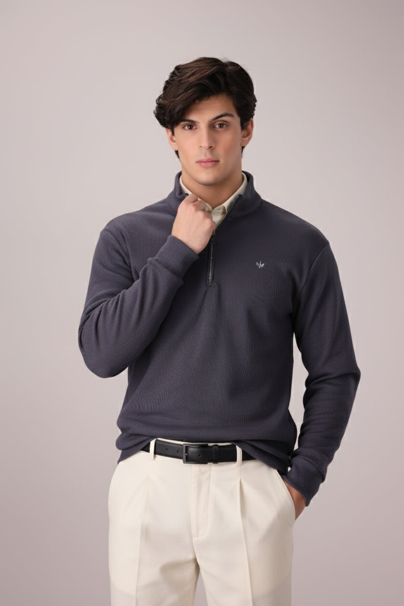 SLATE GREY RIB KNITTED QUARTER ZIPPER