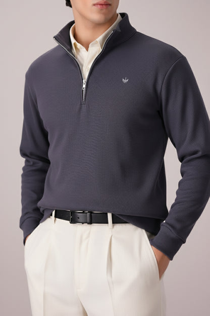 SLATE GREY RIB KNITTED QUARTER ZIPPER